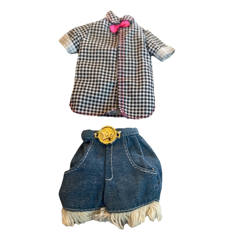 Vintage Barbie‎ Outfit Top Check Bow Tie Denim Fringe Jeans Shorts Med Wash